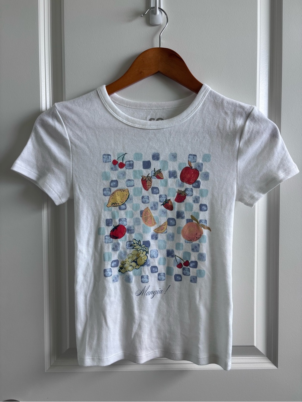 SO White Fitted Short-Sleeve Tee with Colorful Fruit Print